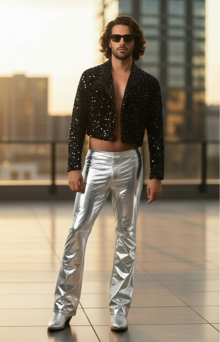 Mens Black Velvet Sequin Cropped Jacket