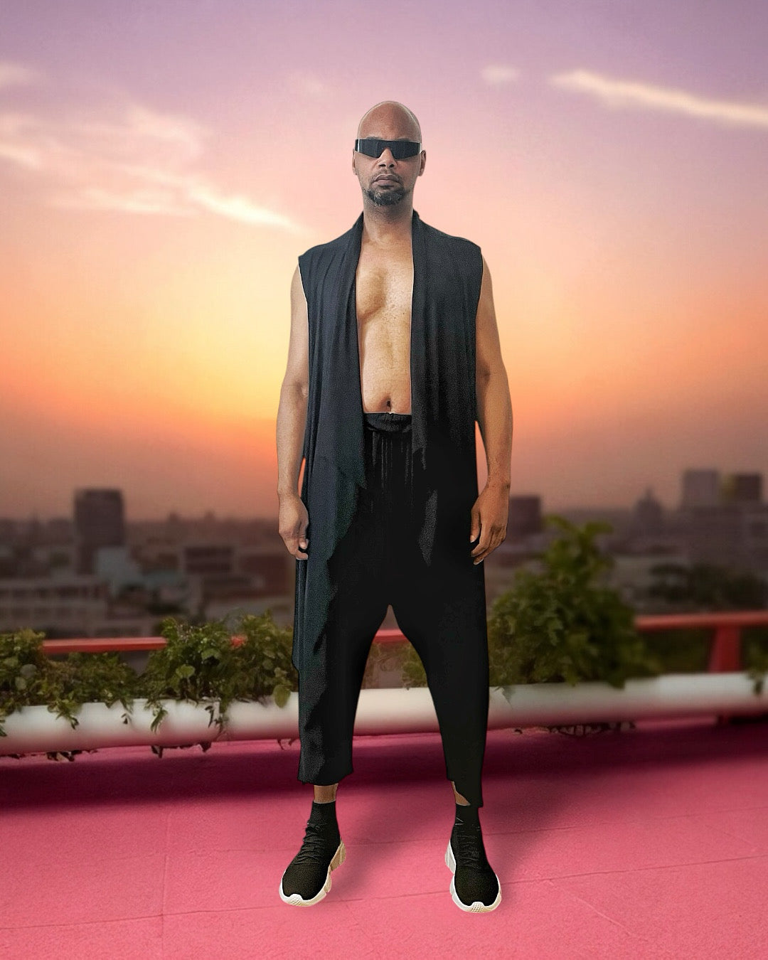 Men’s Futuristic Black Drape Vest | Sleeveless Festival Top | Cyberpunk Samurai Streetwear | Burning Man Outfit