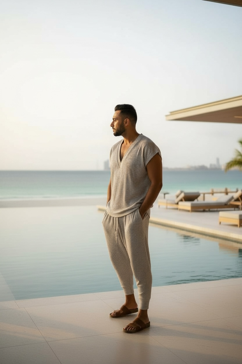 Silver Rib Knit Deep V-Neck Shirt – Unisex Metallic Lounge Top