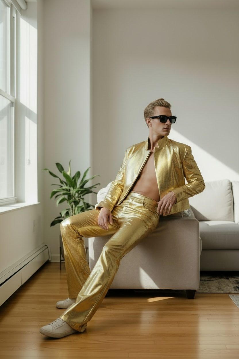 Solid Gold Outfit| Coated Spandex | Gold Cropped Blazer and Highwaisted Jean Style Pant | Gold Suit For Men