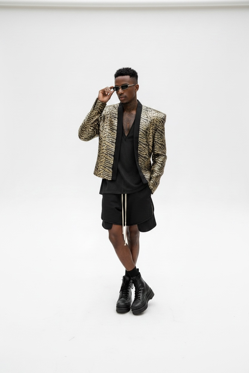 Gold Zebra printed sequin Cropped Open Front Jacket