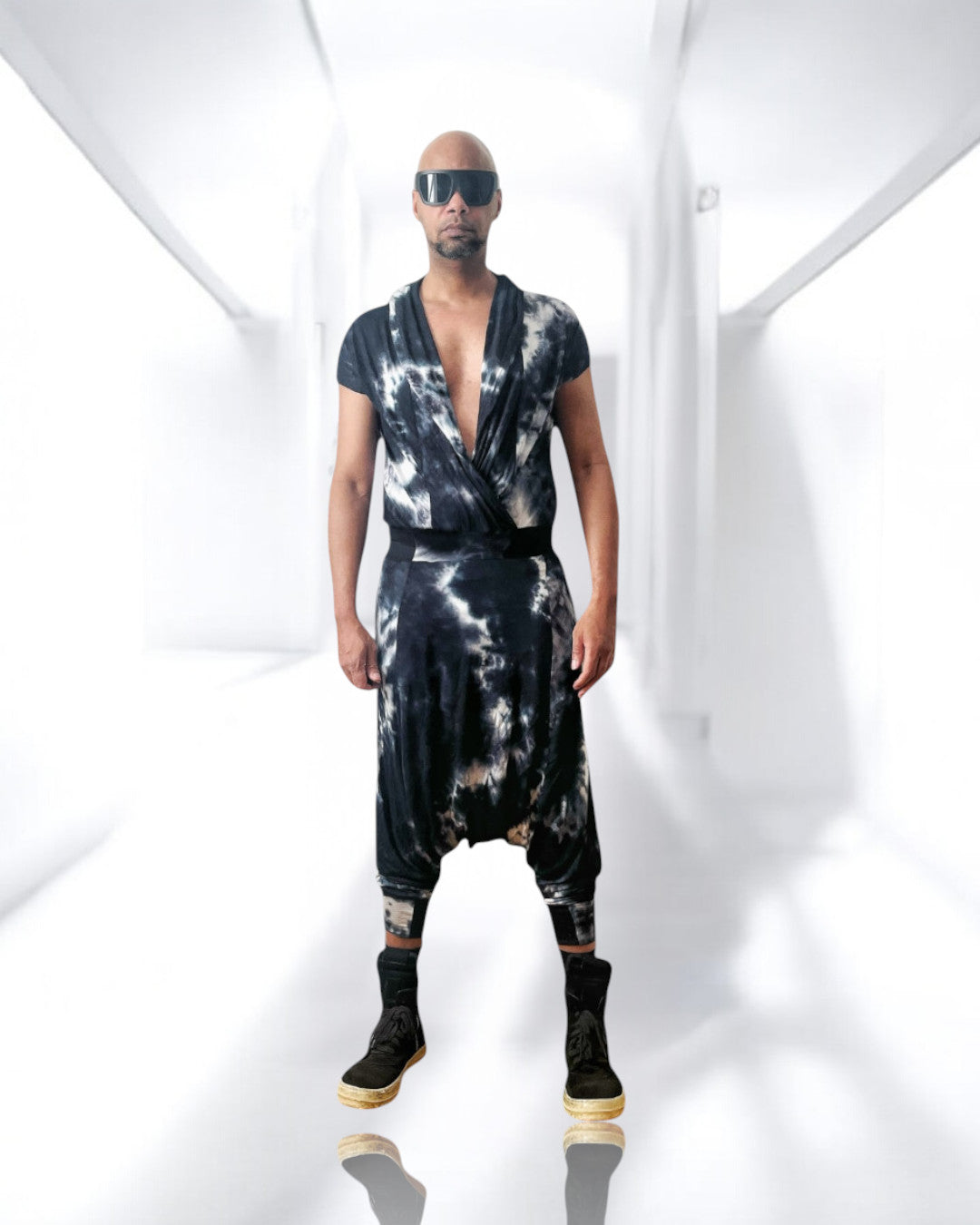 Mens Jumpsuit Drape Front Jersey Jumpsuit Cross Front attach Hoodie Tye Dye Jersey Mens Unisex