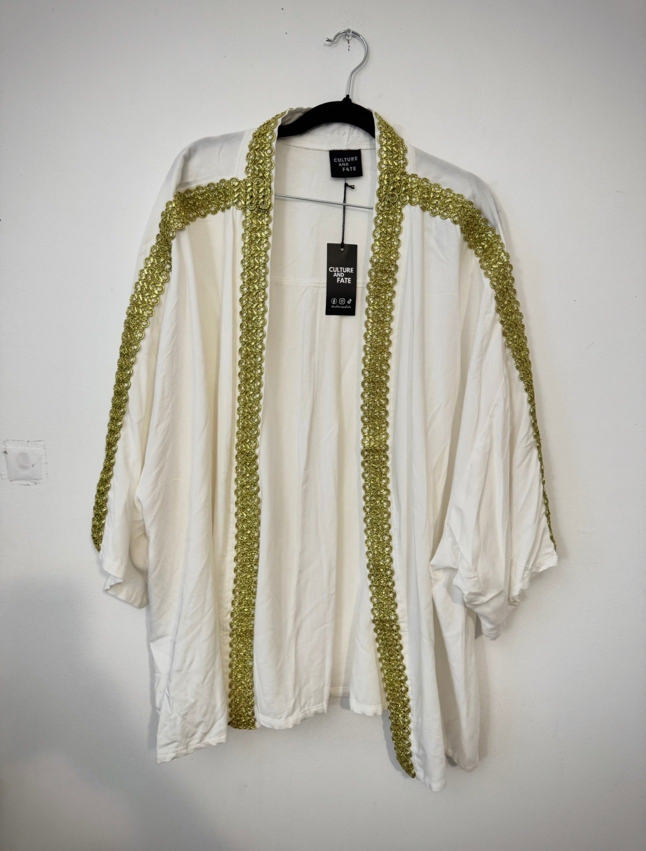 Sale: White Cotton Kimono With Gold Trim - One Size Fit Most