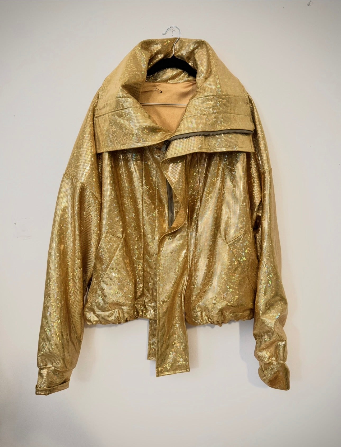Sample Sale: Gold Metallic Flight Jacket In Rave Fabric - Oversized Size XL