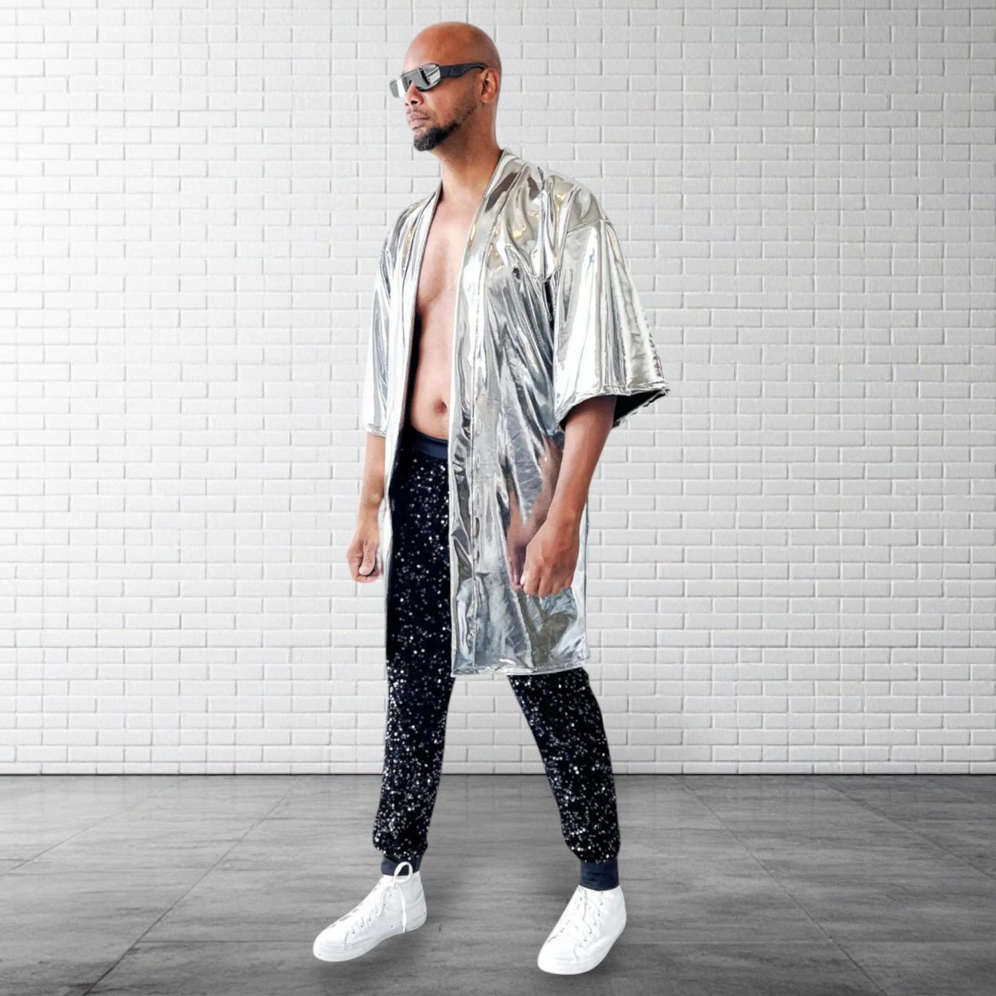 Silver Kimono| Mens Metallic Robe | Stretchy Coated Spandex | Unisex