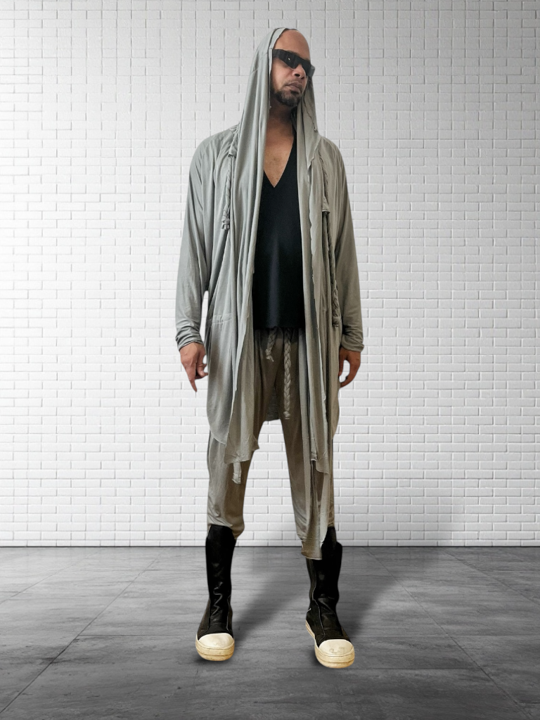 Mens Hooded Cardigan | Wool Jersey Drape Jersey | Braided Tassels Drawstring Waist | Desert Wear