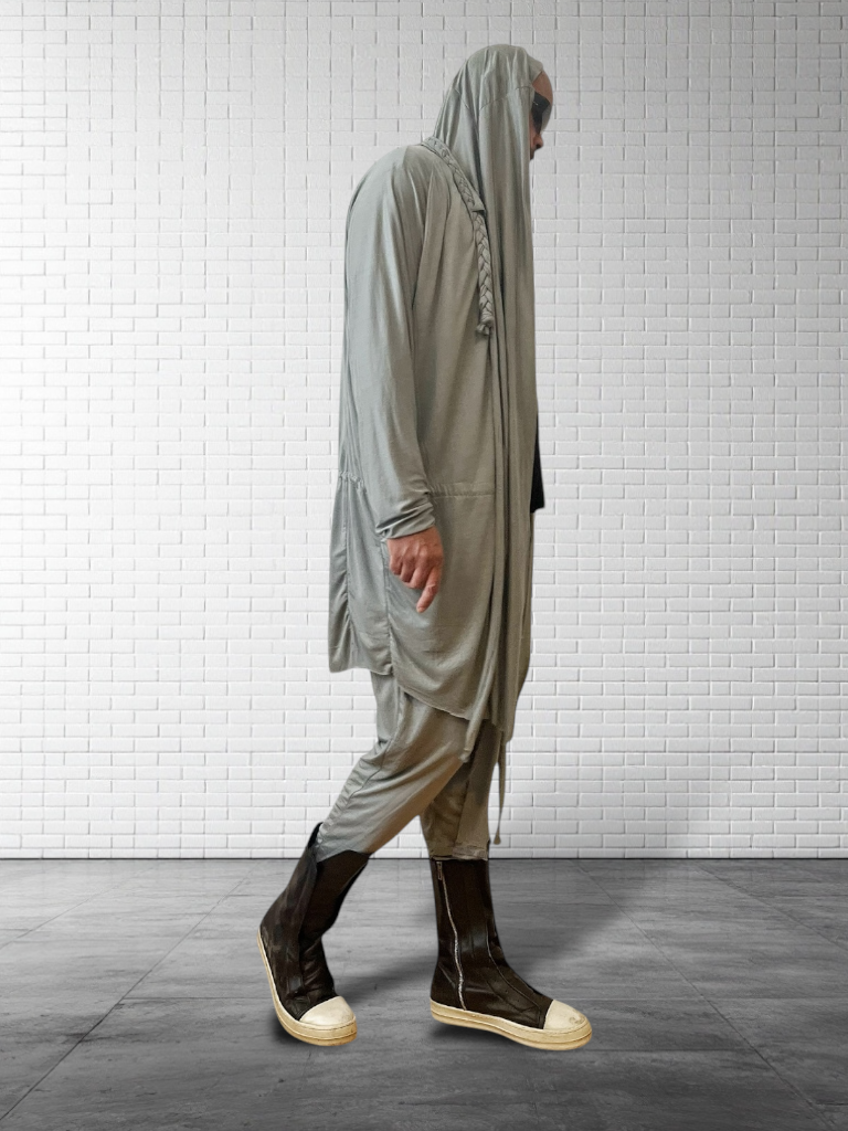 Mens Hooded Cardigan | Wool Jersey Drape Jersey | Braided Tassels Drawstring Waist | Desert Wear