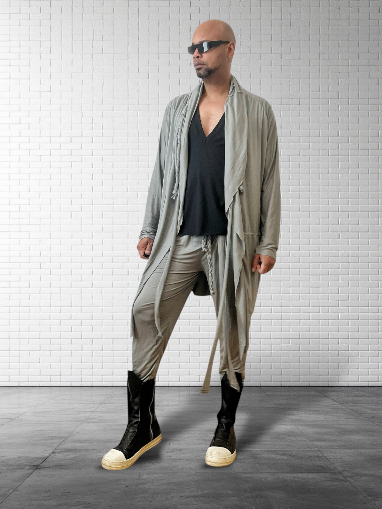 Mens Hooded Cardigan | Wool Jersey Drape Jersey | Braided Tassels Drawstring Waist | Desert Wear