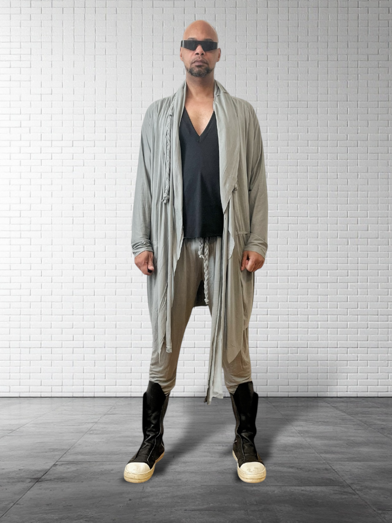 Mens Hooded Cardigan | Wool Jersey Drape Jersey | Braided Tassels Drawstring Waist | Desert Wear