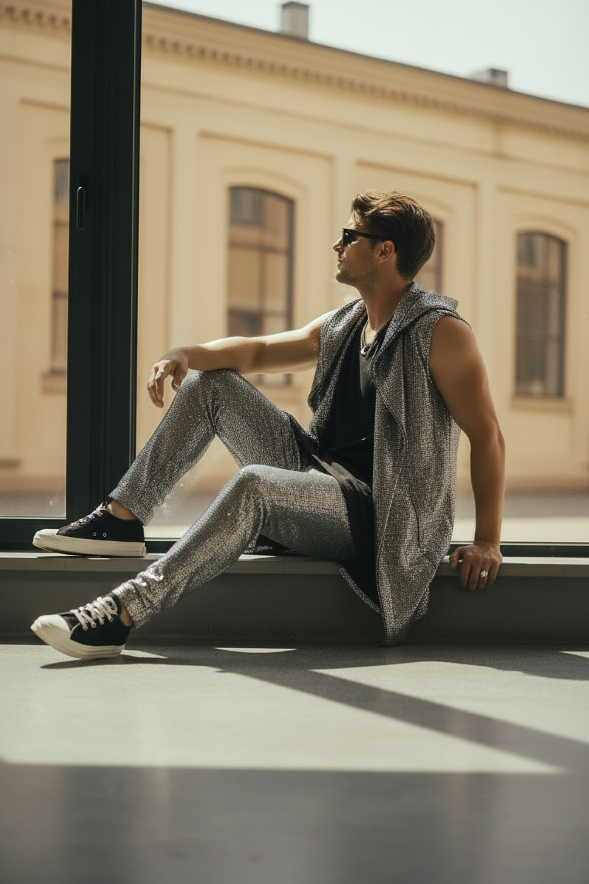 Silver Disco Ball Jersey Oversized Hooded Cardigan Long Length, Metallic Coated Spandex Jersey Long Vest With Pockets Perfect for Burningman