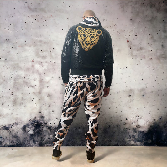 Mens Black Mini Sequin Bomber Jacket With Gold Sequin Tiger Lion Patch on Back