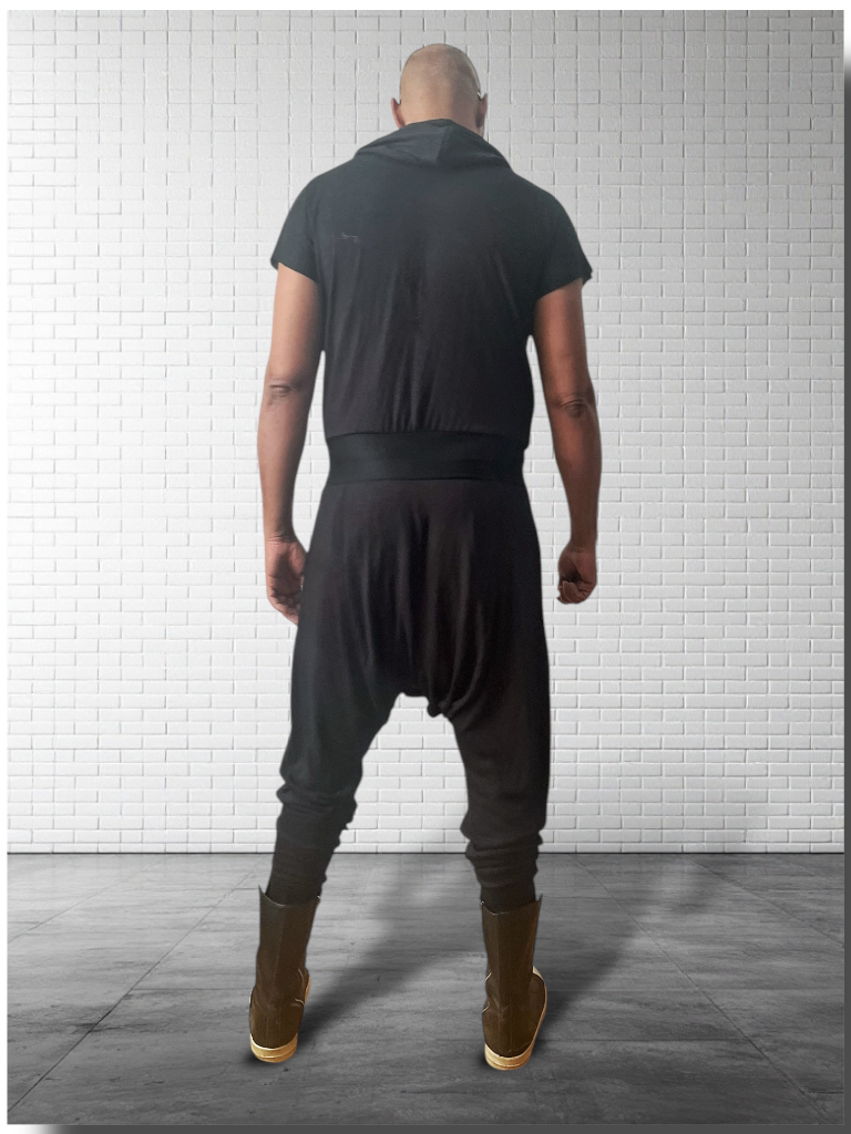 Drape Front Jersey Jumpsuit | Cross Front With Hood | Mens Romper Onesie