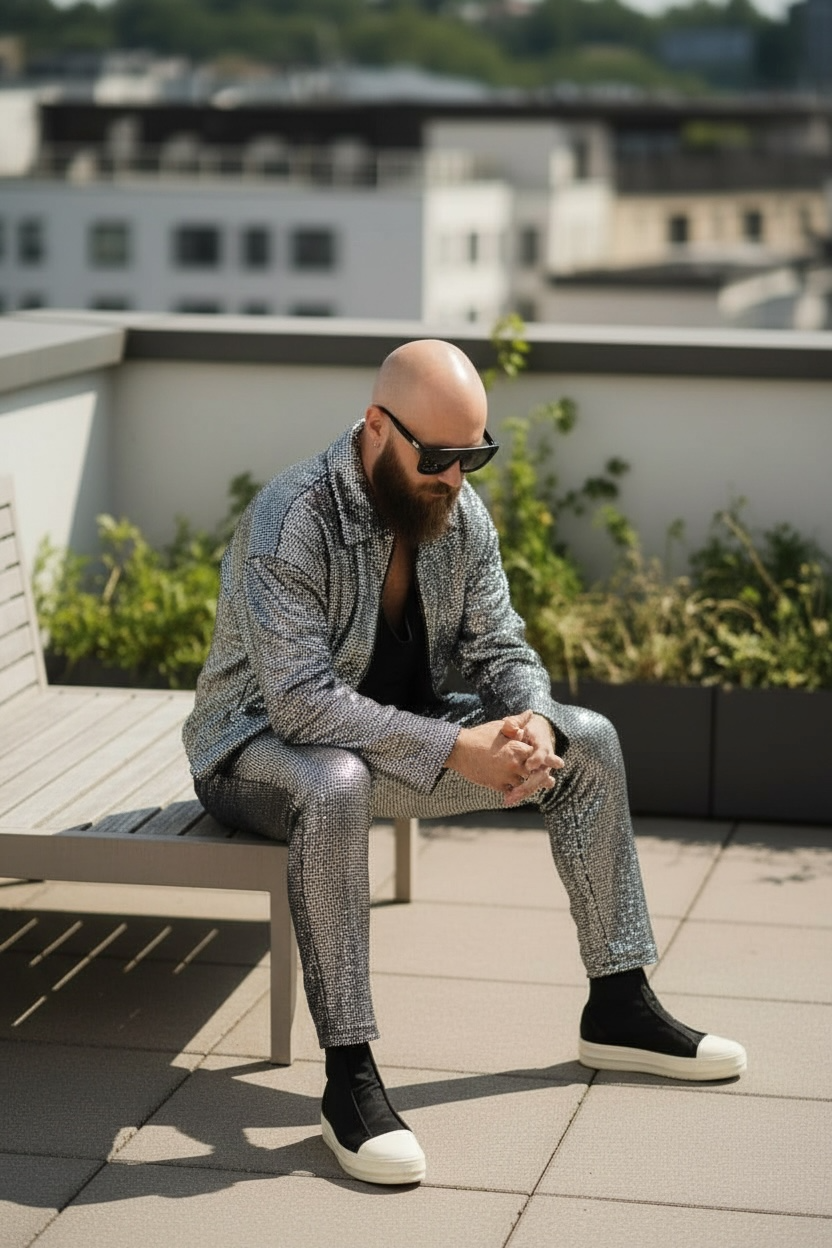 Silver Disco Ball Slim Cut Pant With Pocket and Pull On Elastic Waist