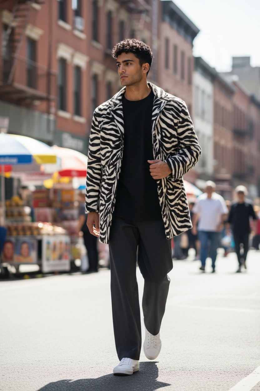 Short Pile Zebra Print Faux Fur Coat – Statement Unisex Outerwear, Bold Animal Print Jacket, Luxe Lightweight Faux Fur Coat