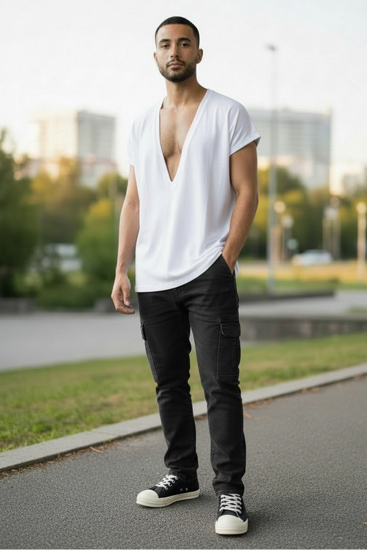 Extreme Deep V Neck Tee Drop Shoulder TShirt | Drop Shoulder T Shirt | White Drape Jersey