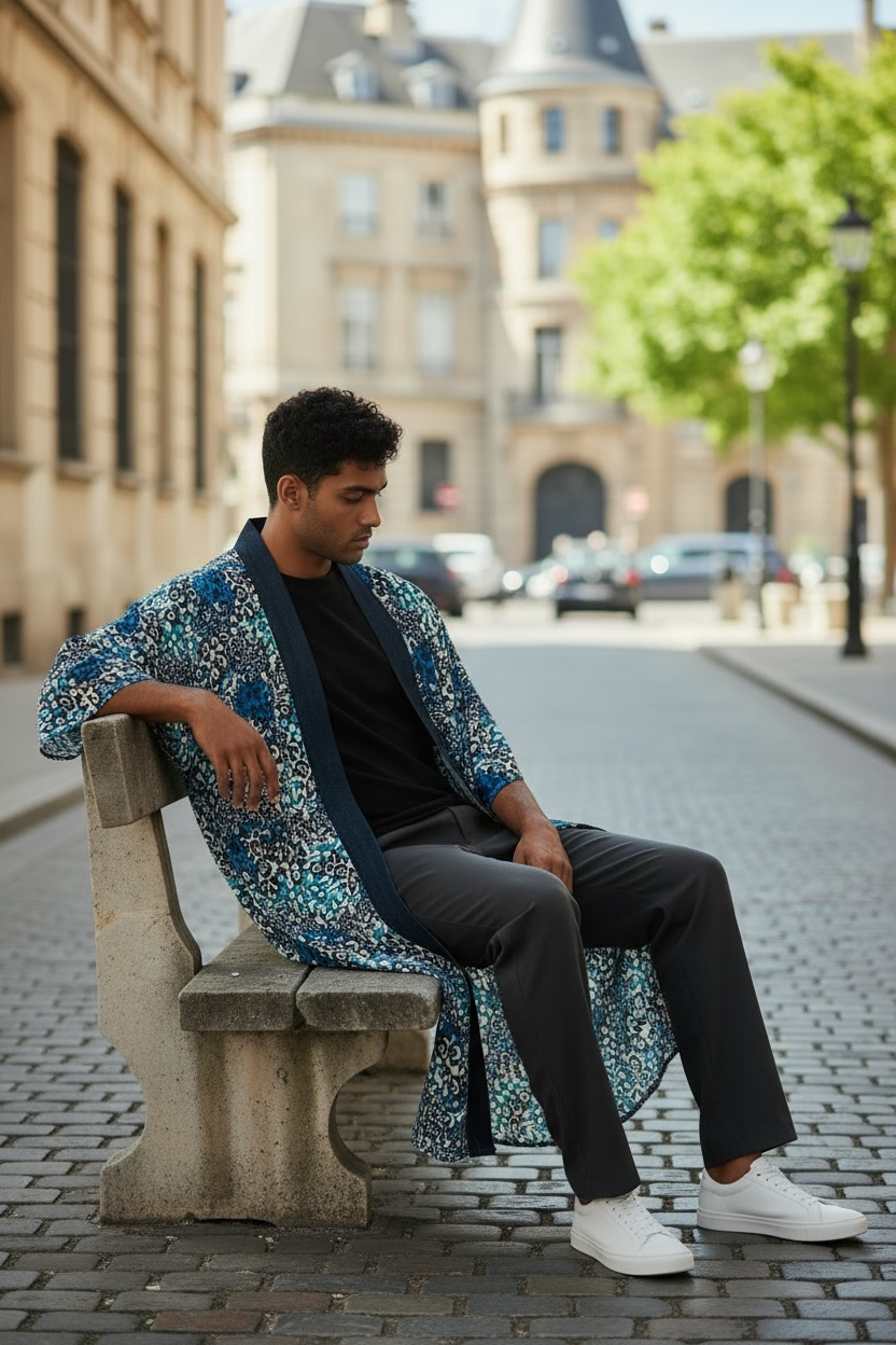 Blue Cheetah Printed Caftan With Denim Collar Trim