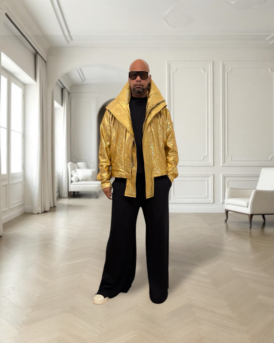 Oversized Gold Metallic Jacket • Statement Streetwear Coat • Unisex High-Shine Outerwear • Luxury Fashion Jacket • Designer Style