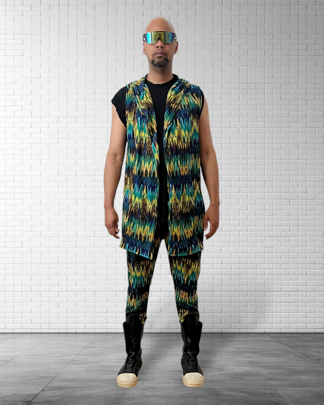Festival Hooded Cardigan And Jogger Set – BurningMan | Tribal Print Men’s Festival Wear | Sleeveless Hoodie & Matching Pants | Rave Clothing
