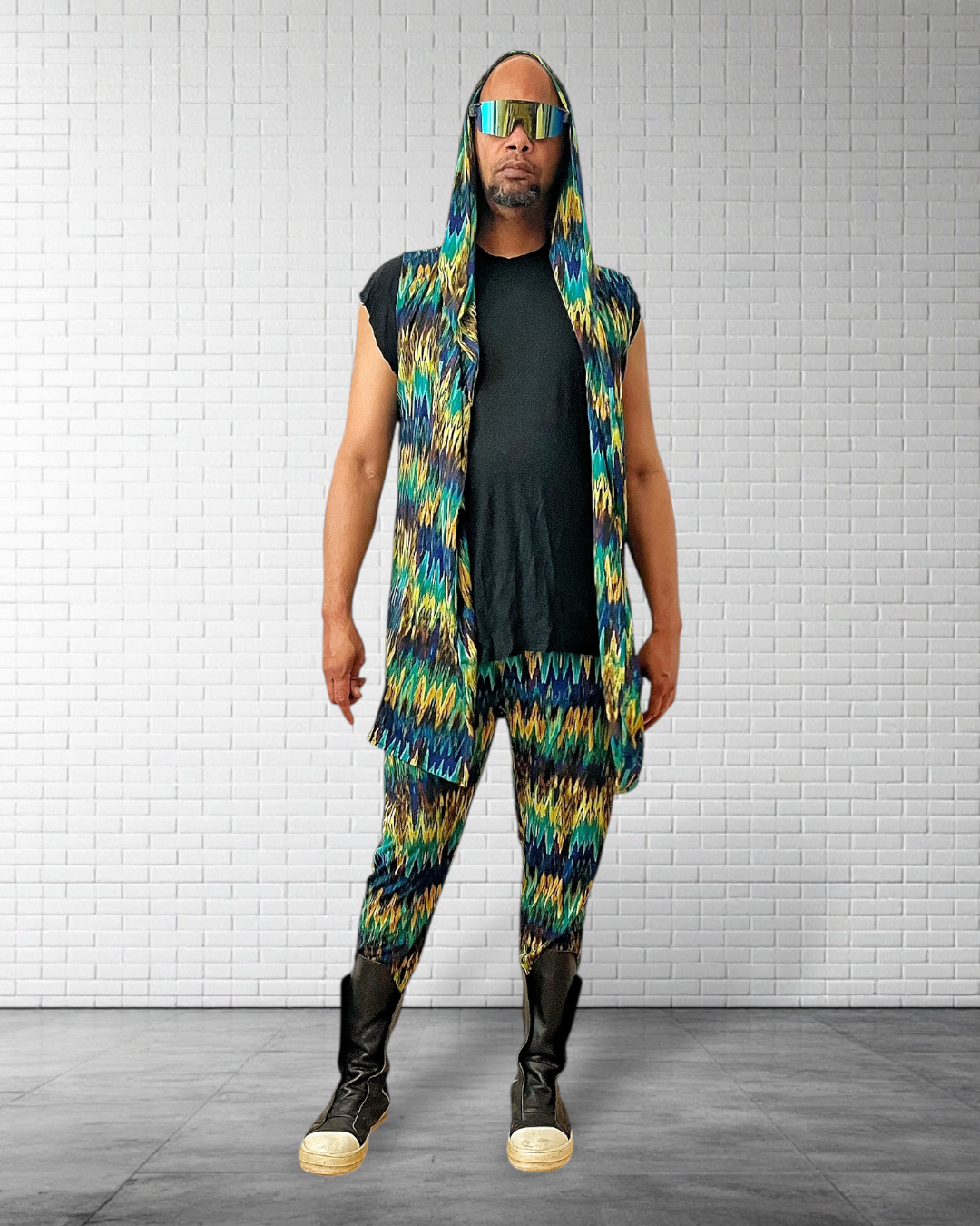 Festival Hooded Cardigan And Jogger Set – BurningMan | Tribal Print Men’s Festival Wear | Sleeveless Hoodie & Matching Pants | Rave Clothing