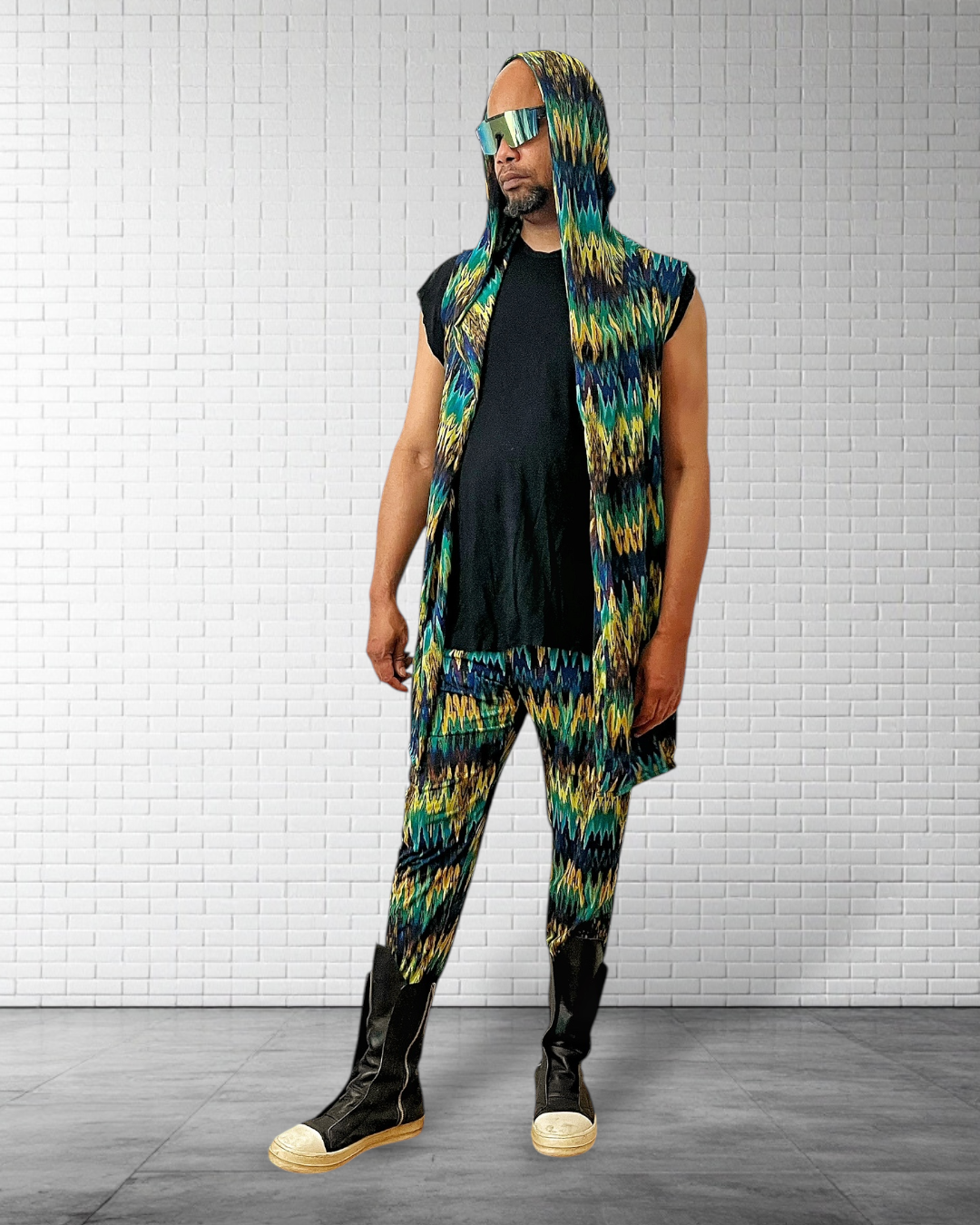 Festival Hooded Cardigan And Jogger Set – BurningMan | Tribal Print Men’s Festival Wear | Sleeveless Hoodie & Matching Pants | Rave Clothing