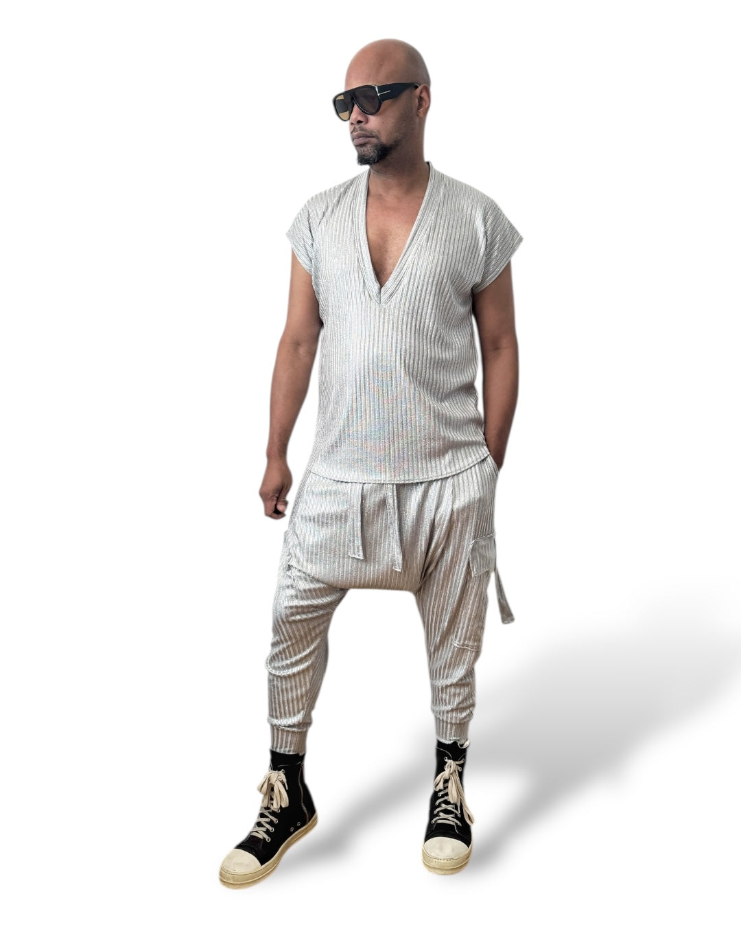 Silver Rib Knit Harem Jogger Cargo Pants – Unisex Metallic Streetwear