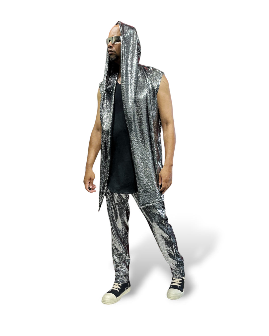 Silver Disco Ball Mens Pant Jersey Pull On Trouser Jogger, Metallic Coated Spandex Jersey Long Vest With Pockets Perfect for Burningman