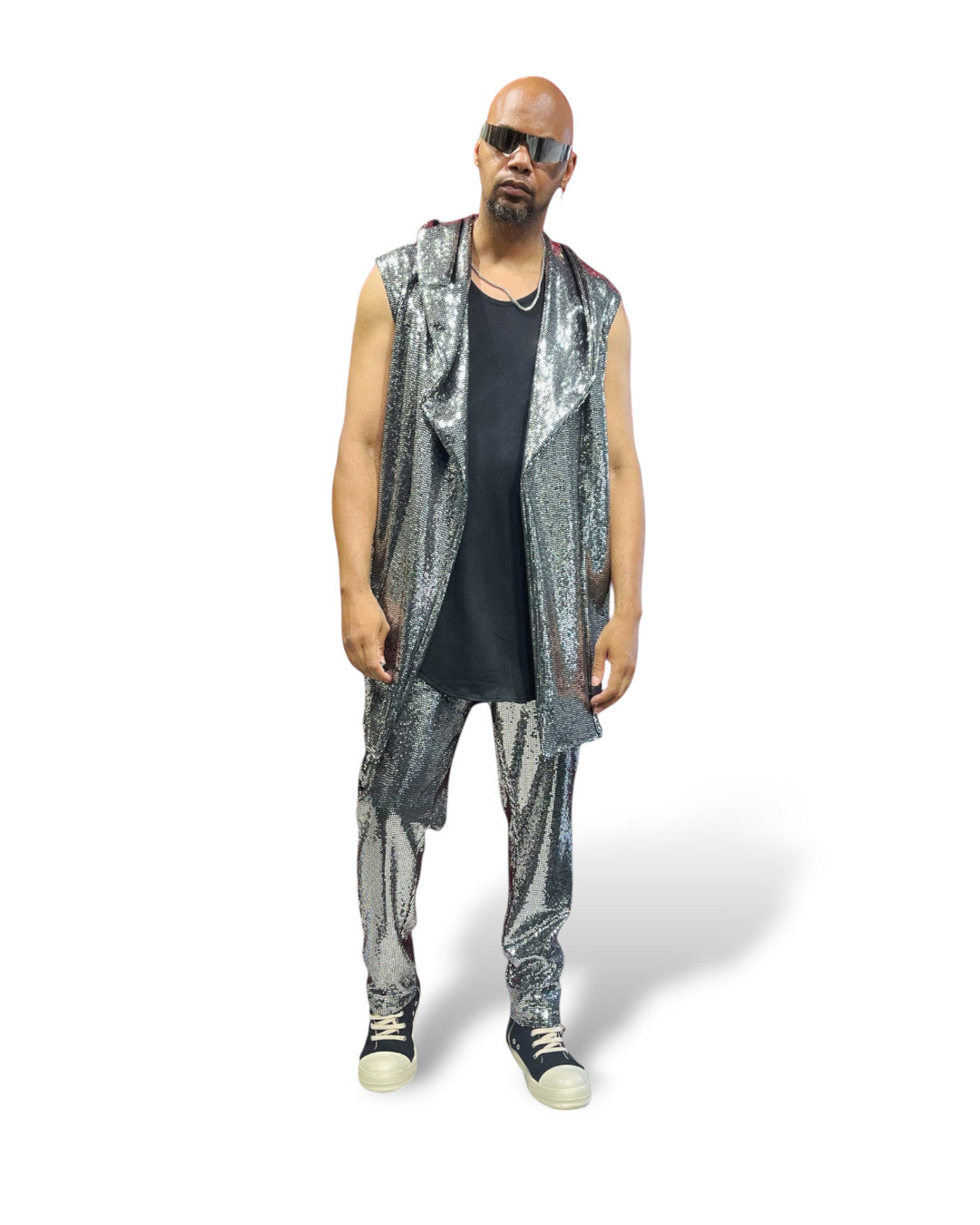 Silver Disco Ball Mens Pant Jersey Pull On Trouser Jogger, Metallic Coated Spandex Jersey Long Vest With Pockets Perfect for Burningman