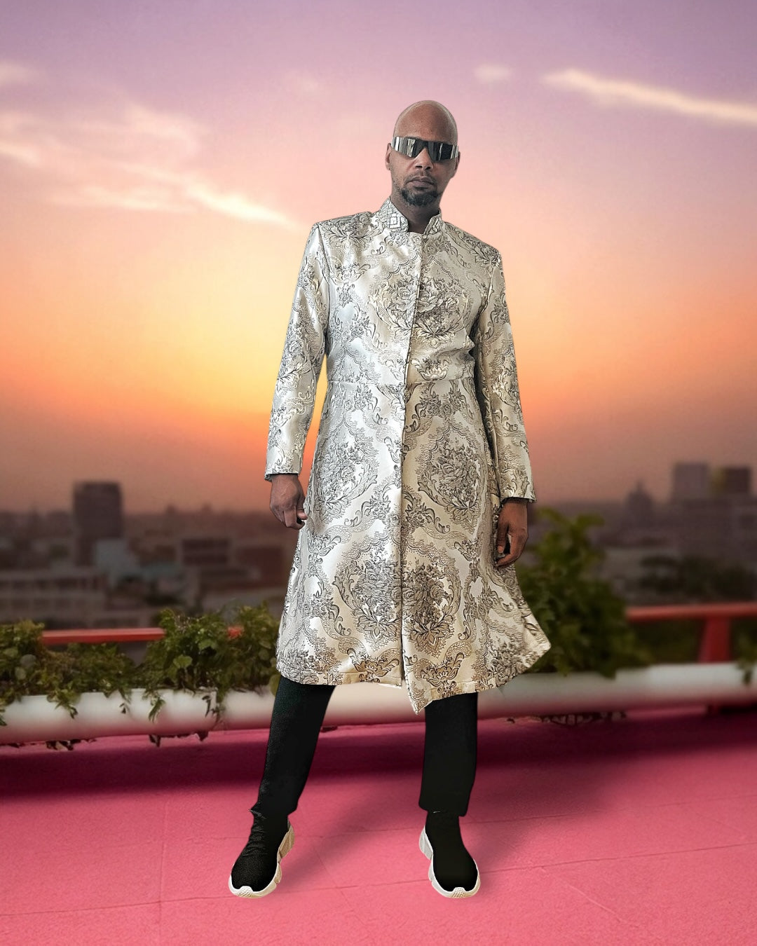 Men’s Silver Brocade Long Jacket with Jeweled Collar | Festival Coat | Baroque Formalwear Weddings & sherwani jacket for men