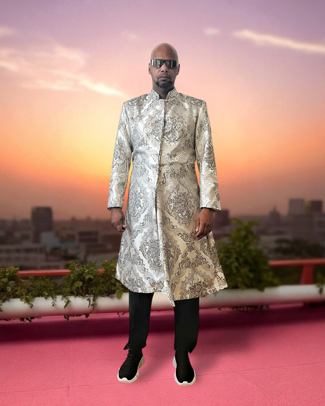 Men’s Silver Brocade Long Jacket with Jeweled Collar | Festival Coat | Baroque Formalwear Weddings & sherwani jacket for men