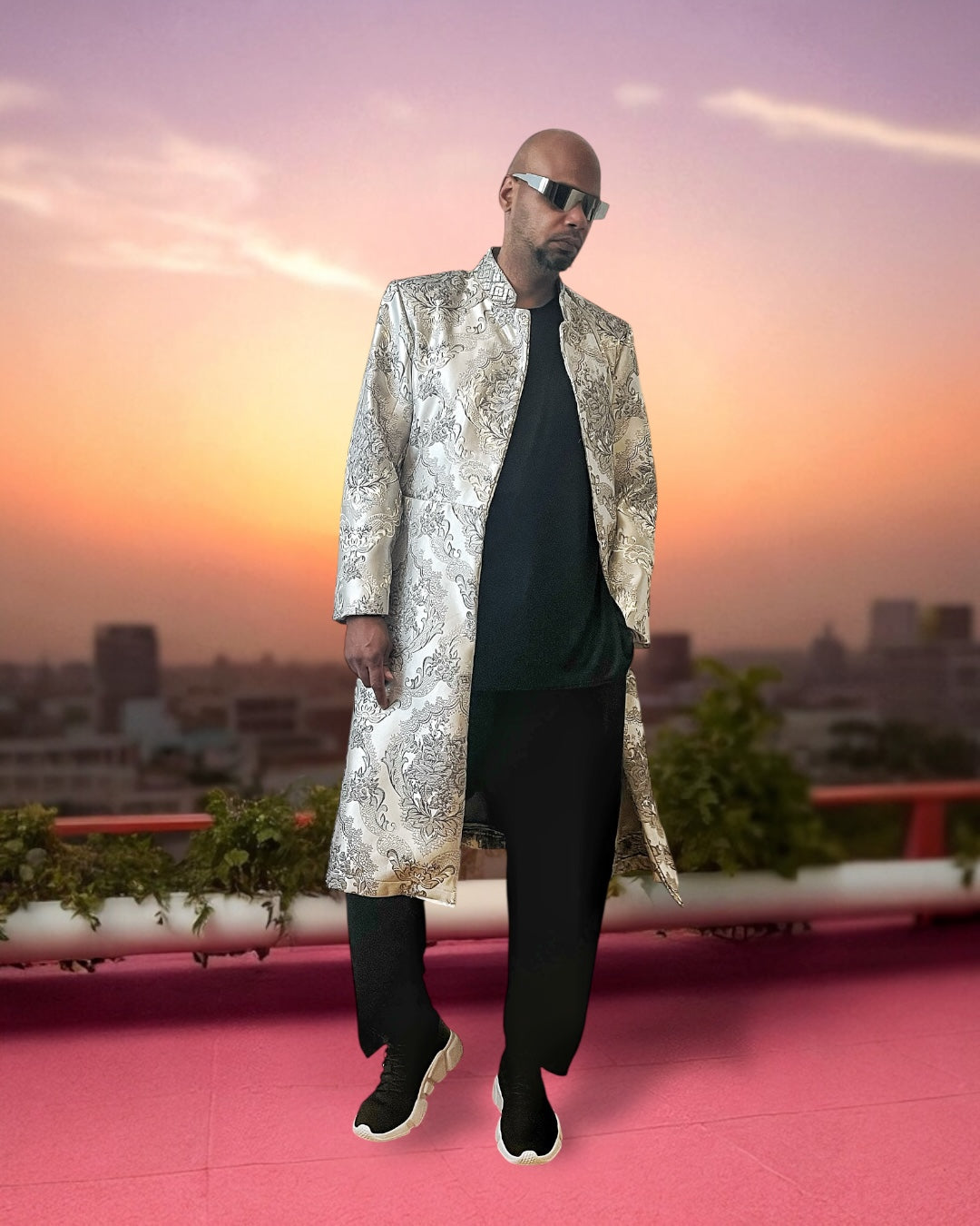 Men’s Silver Brocade Long Jacket with Jeweled Collar | Festival Coat | Baroque Formalwear Weddings & sherwani jacket for men