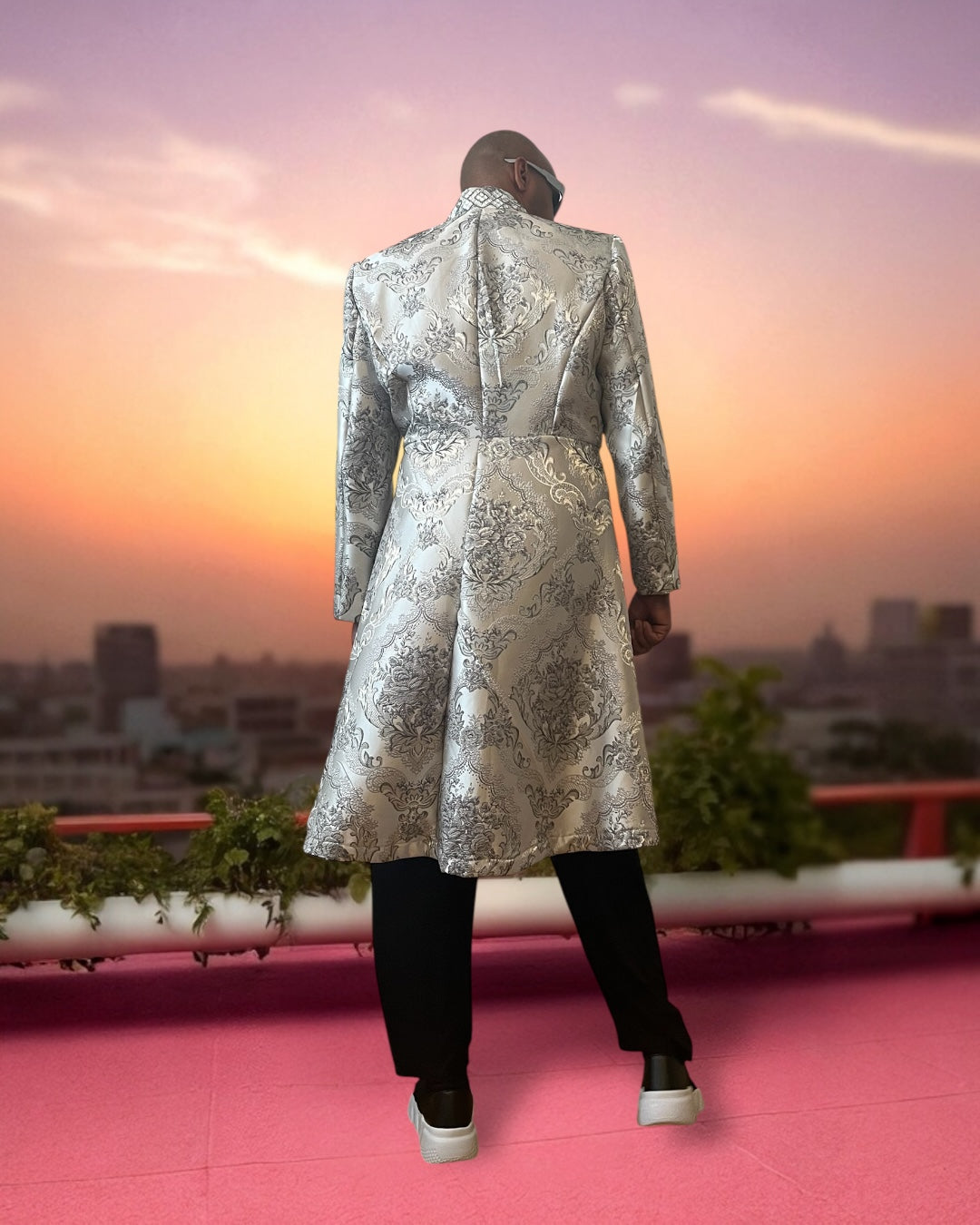 Men’s Silver Brocade Long Jacket with Jeweled Collar | Festival Coat | Baroque Formalwear Weddings & sherwani jacket for men
