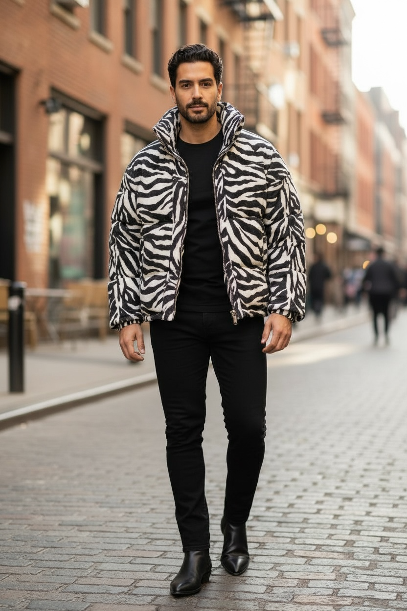 Zebra Printed Faux Cowhide Fur Jacket Size XL – Bold Statement Outerwear, Unisex, Luxe Street Style