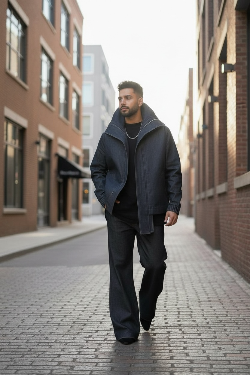 Wide Leg Stretch Denim Pants — Elastic Waist, Unisex Fit