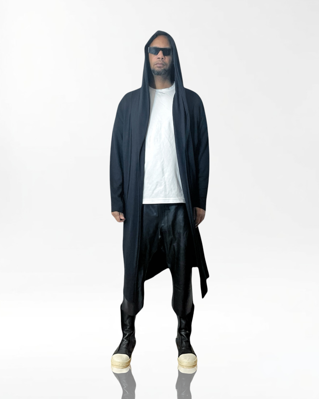 Mens Hooded Cardigab Oversized Hood Black Knit Jersey 3/4 Length | Cotton Jersey | Long Sleeve | Mens