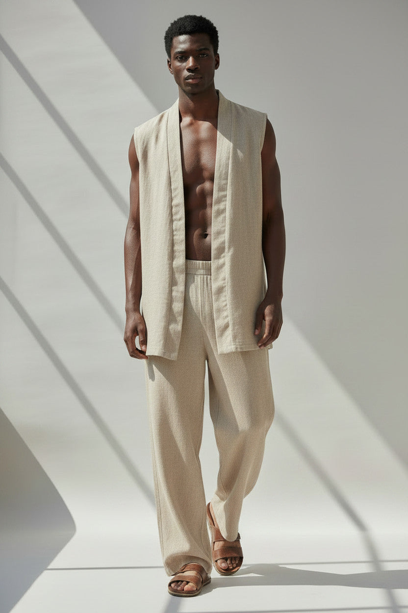 Beige Linen Vest And Pant Set | Open Front Vest And Elastic Waist
