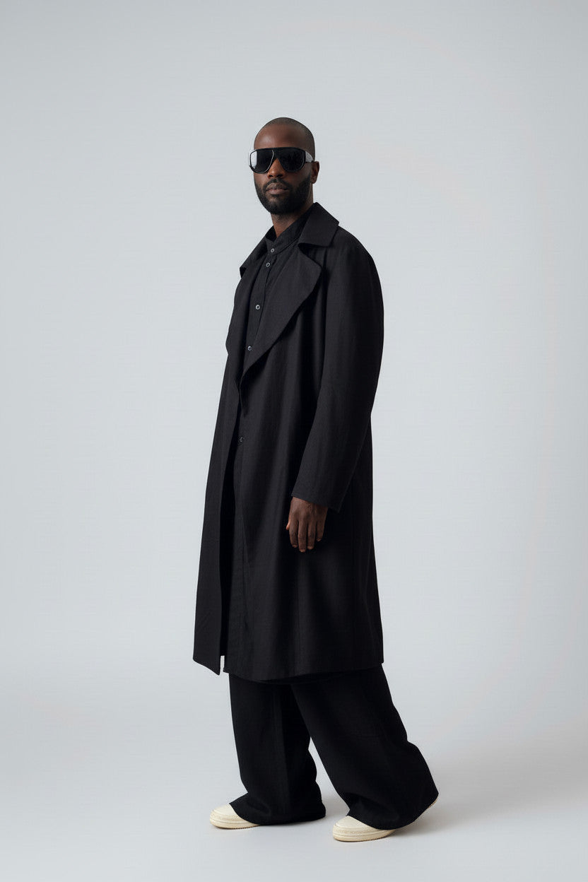 Men’s Black Linen Trench Coat | Lightweight Unlined Coat | Minimalist Long Jacket | Avant-Garde Outerwear | Spring Summer Layer