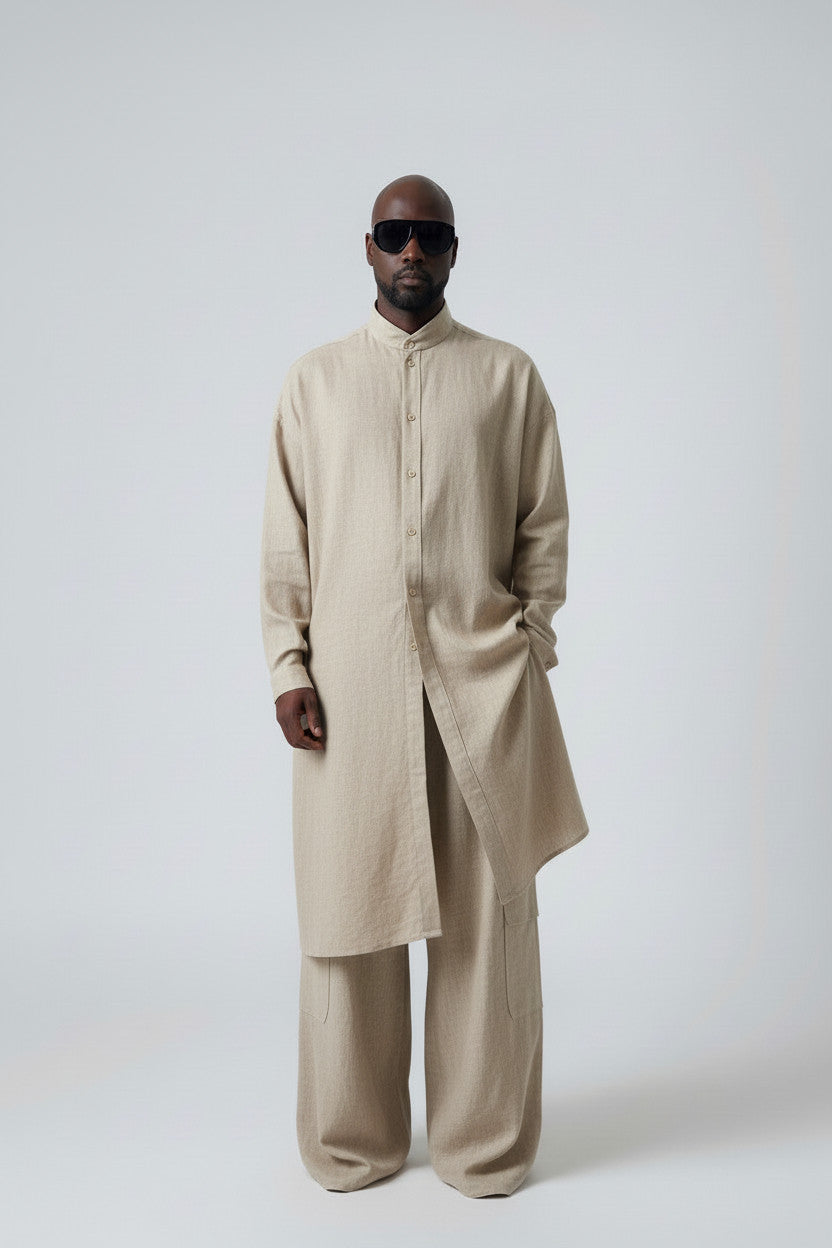 Beige Linen Tunic Dress Shirt, Snap Front Longline Shirt, Minimalist Linen Top, Unisex Oversized Tunic, Modern Avant Garde Clothing (Copy)