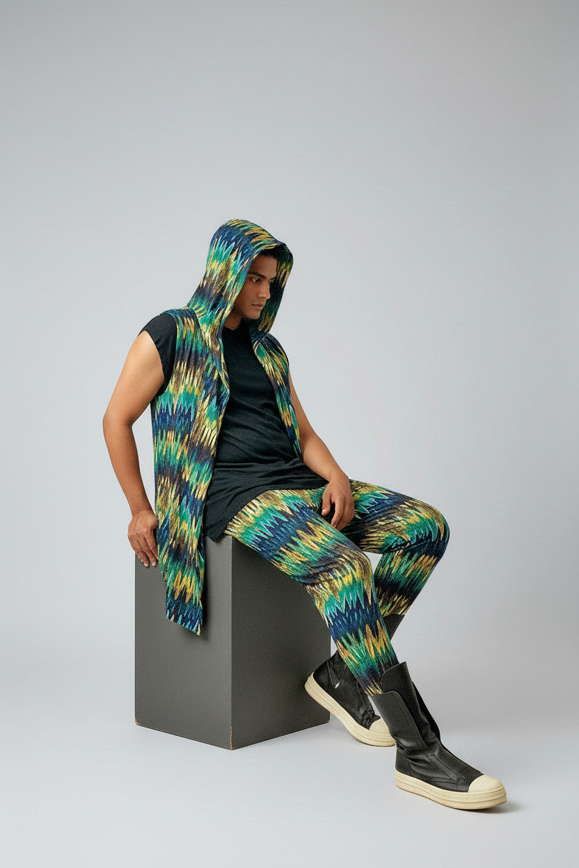 Festival Hooded Cardigan And Jogger Set – BurningMan | Tribal Print Men’s Festival Wear | Sleeveless Hoodie & Matching Pants | Rave Clothing