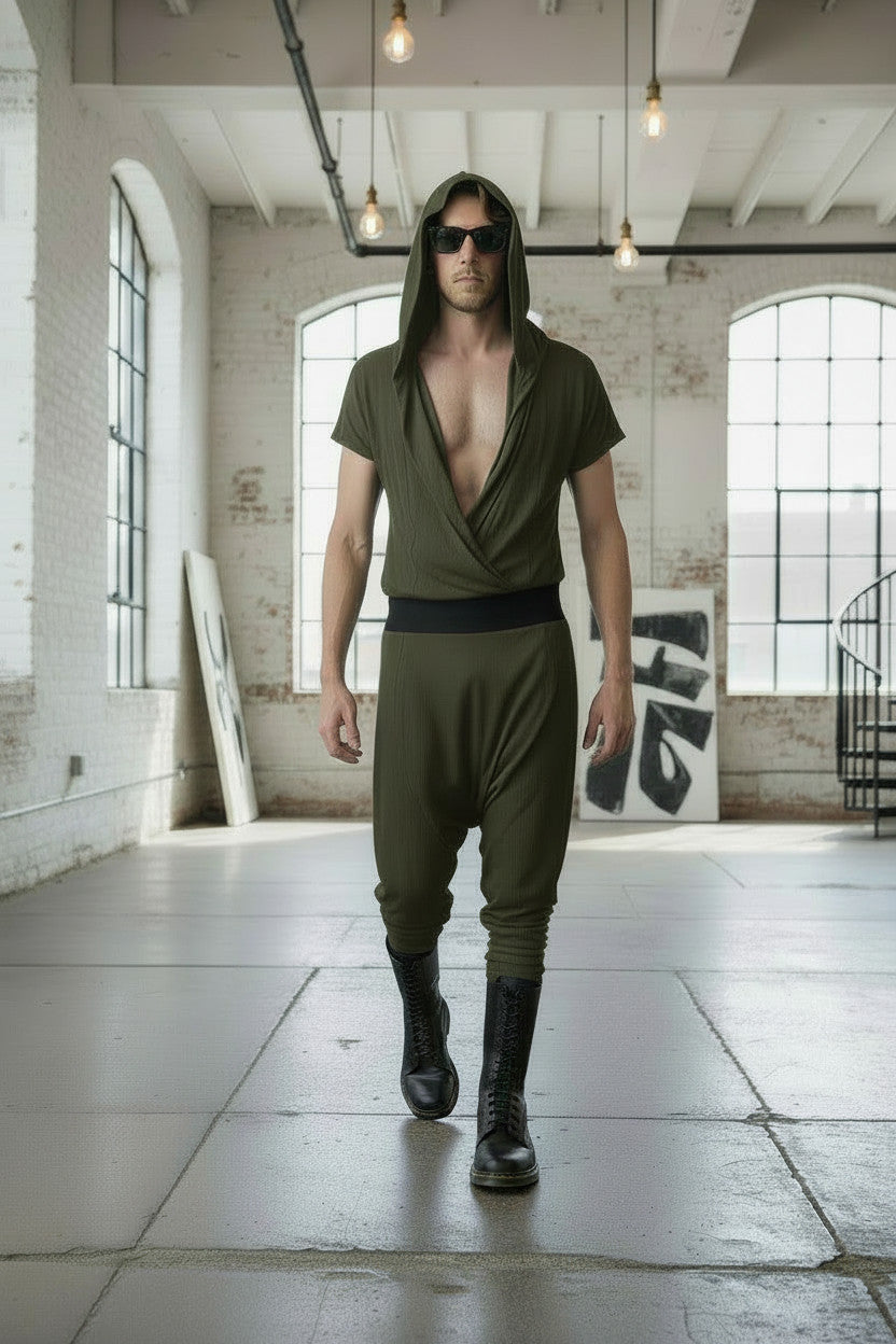 Drape Front Jersey Jumpsuit | Cross Front With Hood | Mens Romper Onesie