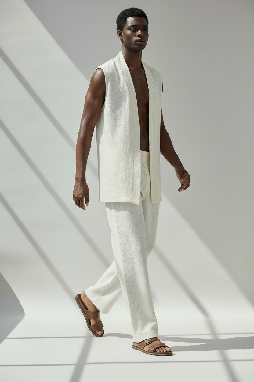 White Linen Vest And Pant Set | Open Front Vest And Elastic Waist Cinched Pant