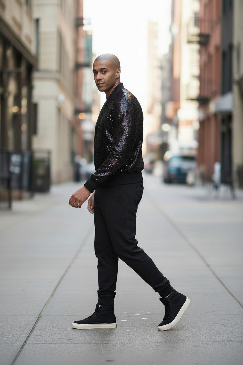 Black Sequin Bomber Jacket with Gold Leopard Patch | Streetwear Sparkle Party Wear