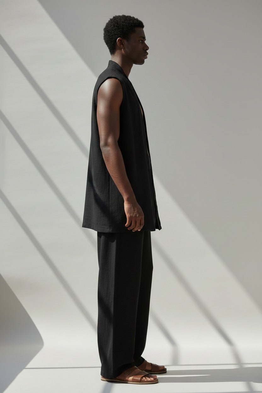Black Linen Vest And Pant Set | 100% Open Front Vest And Elastic Waist Cinched Pant