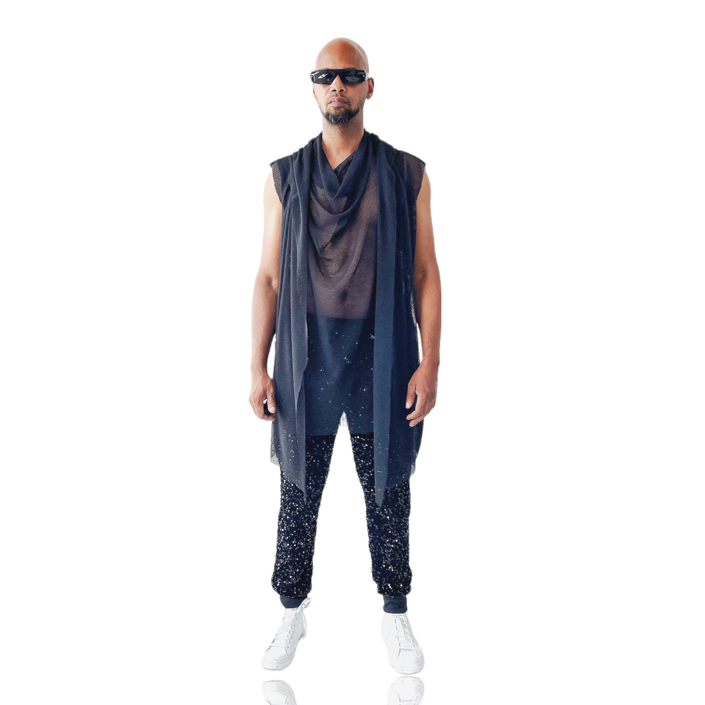 Black Mesh Hooded Cardigan and Cowlneck Racerback Tank 2pcs Sets