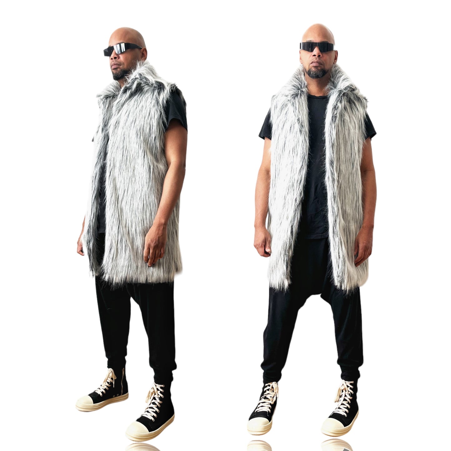 White Platinum WolfFaux Fur Vest Collar Beige Faux Fur 3/4 Length Rave Festival Coat Vest