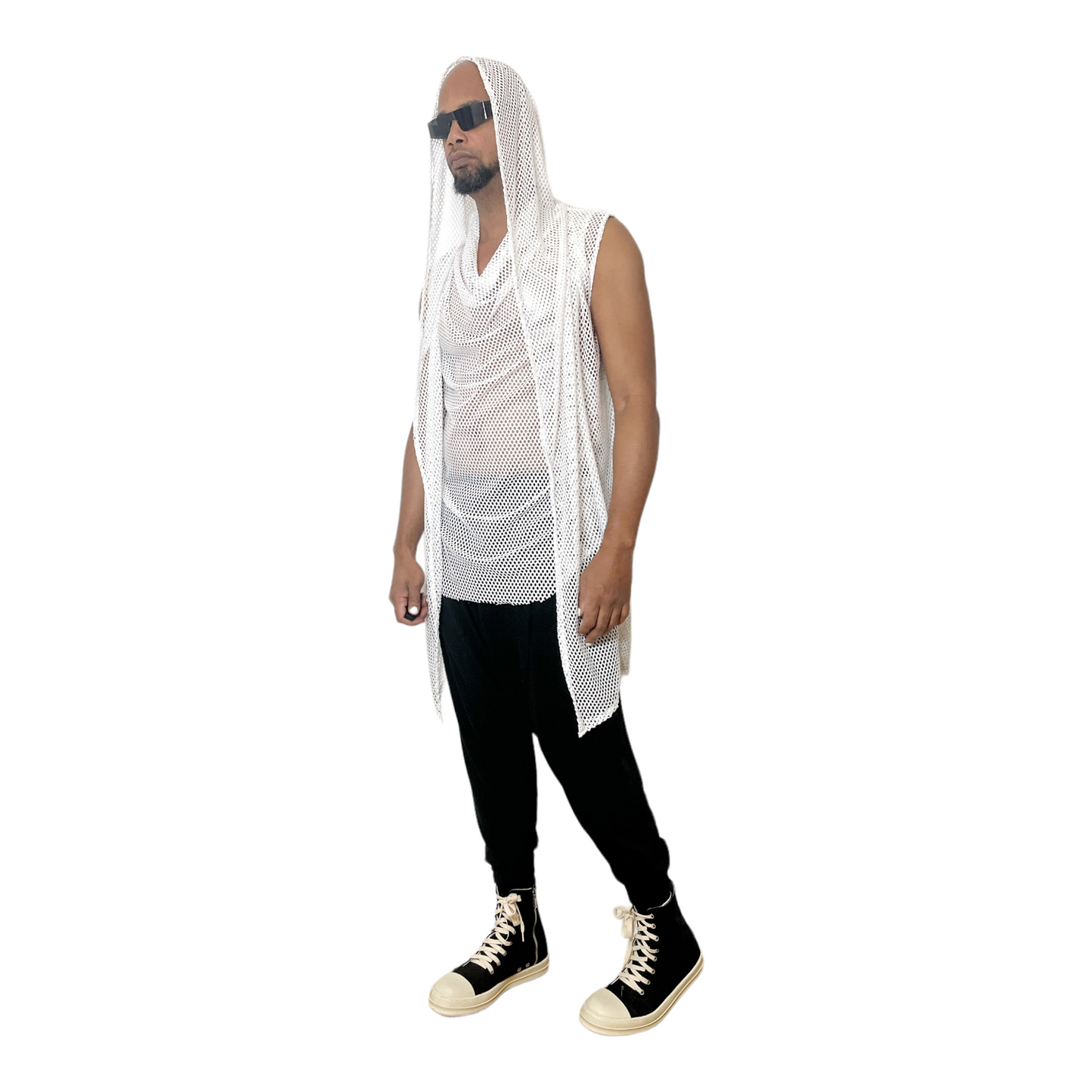 White Mesh Hooded Cardigan and Cowlneck Set