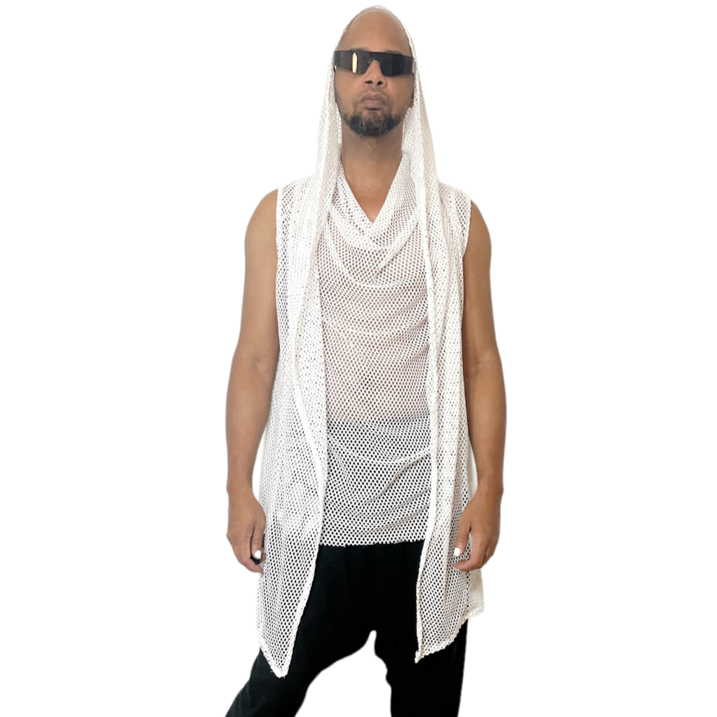 White Mesh Hooded Cardigan and Cowlneck Set