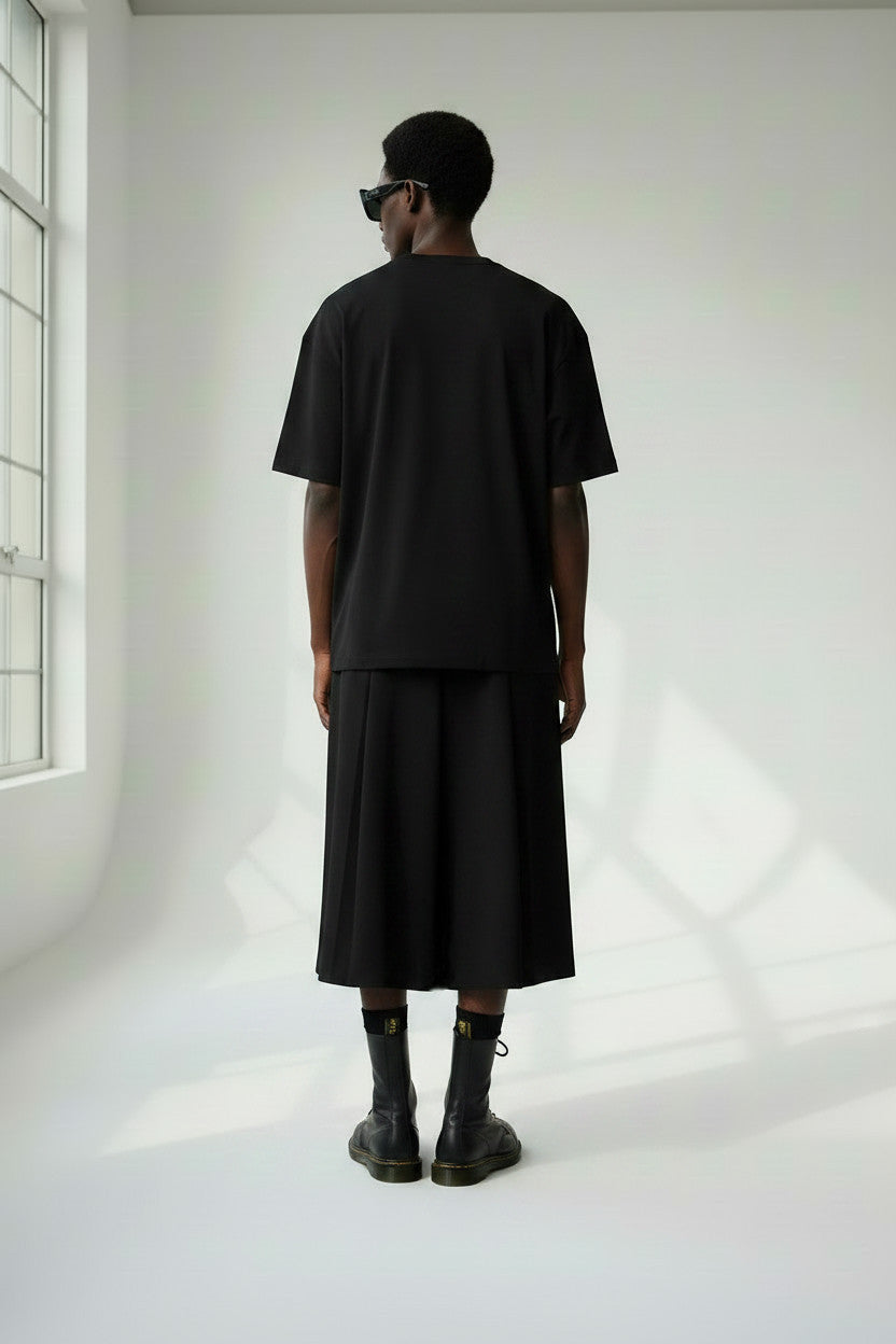 Linen Kilt: Men's Black Flared Pleated Skirt