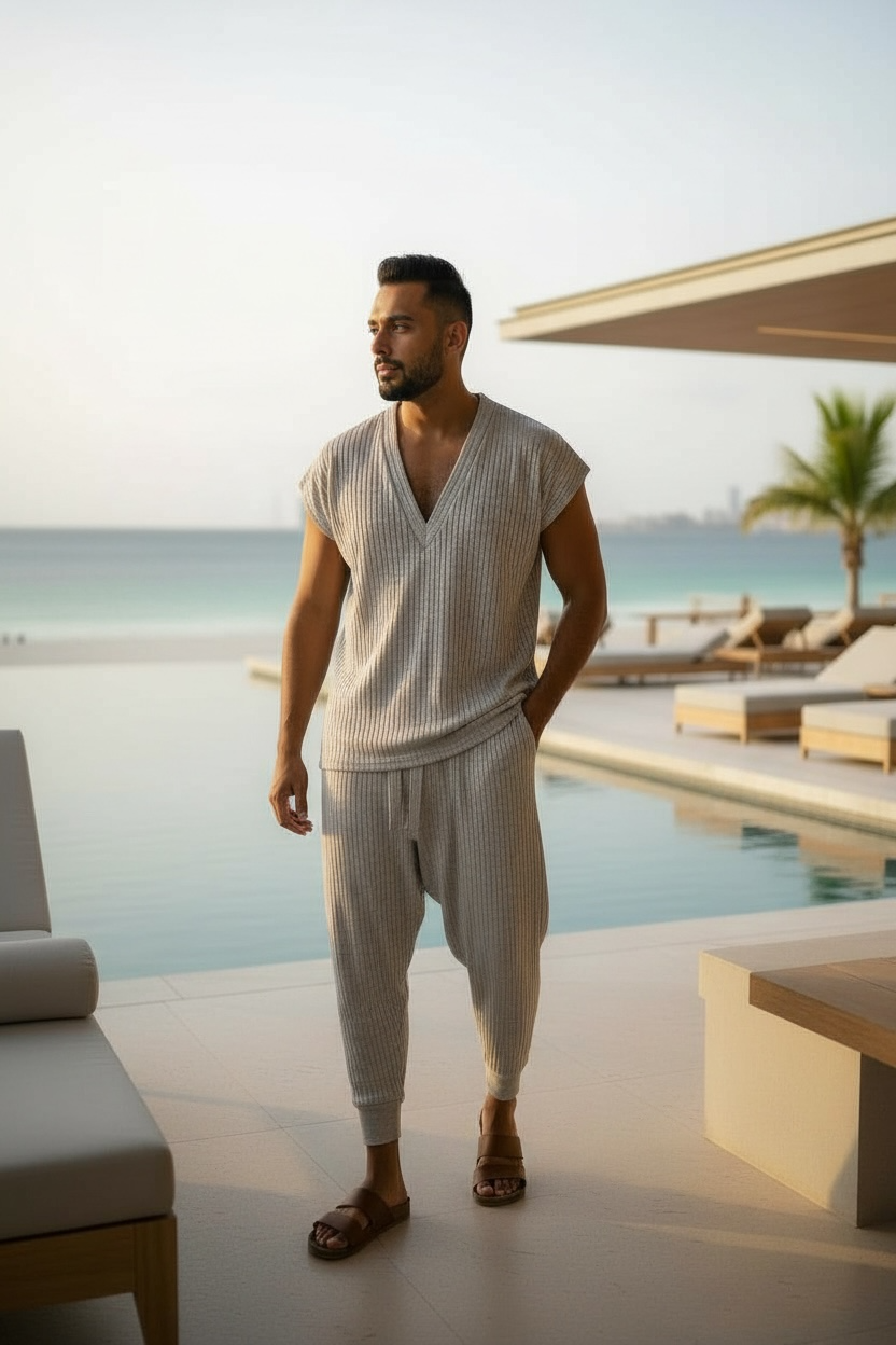 Silver Rib Knit Deep V-Neck Shirt – Unisex Metallic Lounge Top