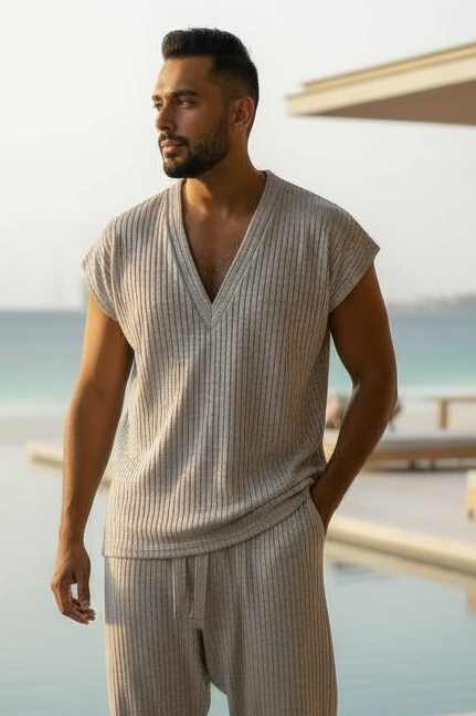 Silver Rib Knit Deep V-Neck Shirt – Unisex Metallic Lounge Top