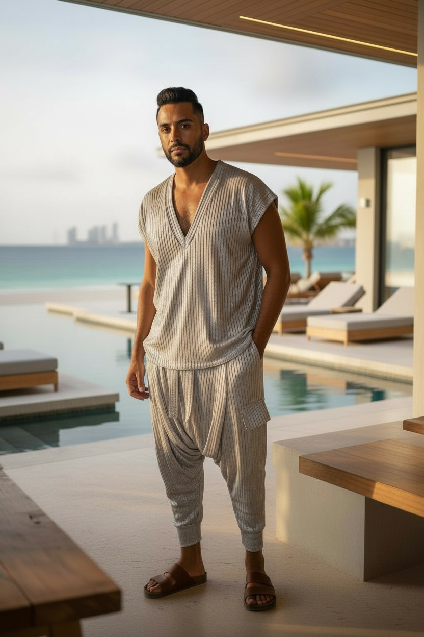 Silver Rib Knit Deep V-Neck Shirt – Unisex Metallic Lounge Top